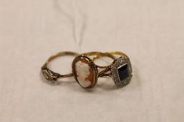 An 18ct gold platinum set diamond and sapphire Art Deco ring, together with two 9ct gold dress