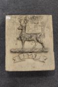 A nineteenth century sandstone plaque, decorated with a deer, dated 1867, width 42.5 cm. CONDITION