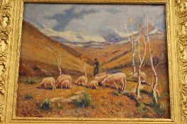 Adolpho Besozzi : A Shepherd and his Flock, oil on board, signed, 25cm x 31cm, framed.