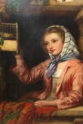 Edward John Cobbett : A young girl with bird in cage, oil on canvas, signed, 60 cm x 50 cm, framed.