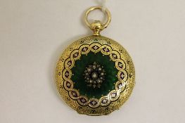 An 18ct gold fob watch set with diamonds in coloured enamel, decoration to both outer cases.