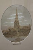 An early twentieth century cork relief plaque depicting Salisbury Cathedral, 21cm x 28cm, framed.
