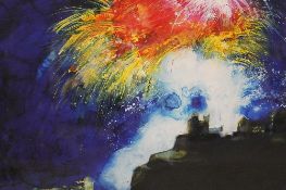 Ann Oram : Fireworks over Edinburgh, colour lithograph, signed in pencil, 87cm x 58cm, framed.