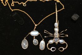 An antique gold moonstone necklace, together with a scorpion silver brooch set with moonstones.