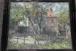 John Falconar Slater : Figures by a post and rail fence with country dwelling beyond, oil on canvas,