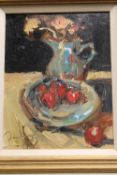 Ken Moroney : Still Life with Cherries, oil on board, signed, 17cm x 22cm, framed.
