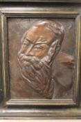 Jewish School : Portrait of a Rabbi, relief work in copper, initialled E.J.