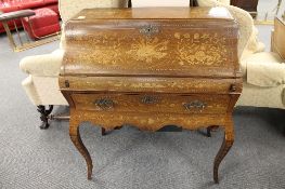 An early twentieth century inlaid marquetry piano front bureau, width 89cm.