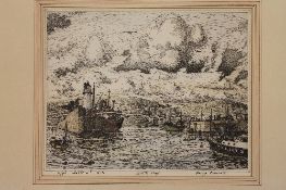 Nigel Hallard : Newlyn, Cornwall, an artist's proof, signed and dated 1975, 25cm x 21cm, framed.