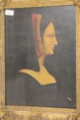 Nineteenth century School : Head and shoulder study of a Tudor lady, oil on canvas, 29cm x 39cm,