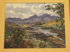 Anne Primrose Jury : A river in an open landscape with mountains beyond, oil on board, signed,