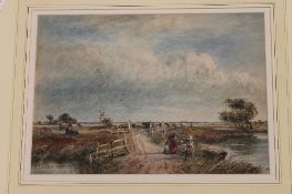 David Cox : A family in an open landscape with herdsmen and cattle beyond, watercolour, 25cm x 35cm,