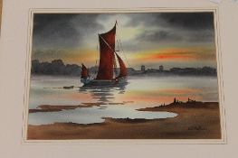 Bill Holkham ; A sailing boat in calm waters, watercolour, signed, 37cm x 27cm, framed.