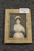 A portrait miniature depicting a lady wearing a blue shawl, 6.5 cm x 9.5 cm, framed. CONDITION