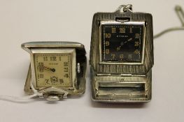 Two silver travelling watches, one by Eterna with red lacquered decoration, the other by Eros.