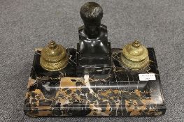 A nineteenth century French bronze and marble inkwell depicting Napoleon, signed Canova, width 31.