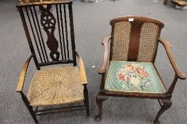 A nineteenth century oak rush seated Lady's chair, together with a tapestry seated bedroom chair.