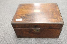 A Victorian burr walnut writing box, width 30 cm. CONDITION REPORT: Fair condition, mounted in