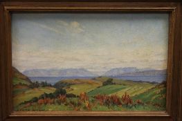 Howard Barron : North to Rhum and Eigg, Isle of Mull, oil on board, signed, 29cm x 19cm, framed.