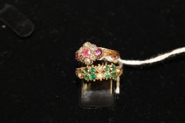 Two 15ct gold rings set with amethyst, emerald and pearl. (2) CONDITION REPORT: Good conditions.3.5g