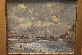 John Muirhead : A Couple by the Waterside, Houghton, Huntingdon, oil on canvas, signed,  18cm x 22.