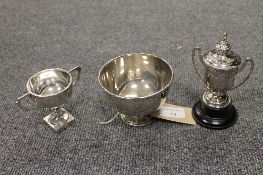 A silver bowl on stand, Birmingham, 1922, together with two silver trophies. (3) CONDITION REPORT:
