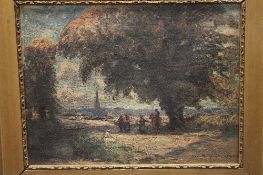 John Muirhead : The Horseman and Fruit Pickers, oil on canvas, signed, dated 1907, 18cm x 22.