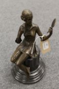 After Preiss -  bronze study depicting a Lady holding a mirror on black marble plinth, height 28 cm.