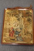 Nineteenth century embroidery panel depicting Lovers by a Statue, 56cm x 68cm,