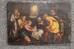 Nineteenth century school : Nativity scene, oil on panel, un-framed, 27.5cm x 19 cm.  CONDITION