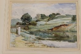 Robert Jobling :  Figures  by a river in an open landscape, watercolour, signed, 26cm x 36cm,