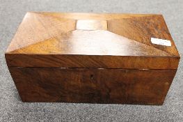 A Victorian burr walnut tea caddy, width 32 cm. CONDITION REPORT: Good condition, missing glass