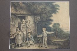 Follower of Francis Wheatley : Children by a thatched cottage, watercolour, 33cm x 27cm, framed.