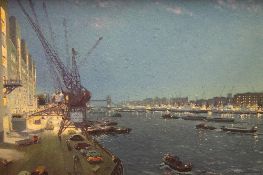 William Howard Jarvis : Barges and shipping by docks on the Thames with Tower Bridge beyond,