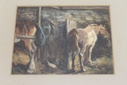 John Atkinson : Horses stabled with chickens at their feet, watercolour, signed, 28cm x 22cm.