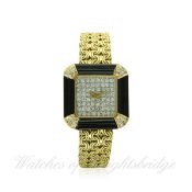 A LADIES 18K SOLID GOLD, ONYX & DIAMOND BUECHE GIROD BRACELET WATCH CIRCA 1980s, REF. Y6628 D: