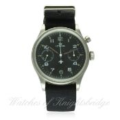 A GENTLEMAN'S STAINLESS STEEL BRITISH MILITARY ROYAL NAVY LEMANIA SINGLE BUTTON CHRONOGRAPH PILOTS