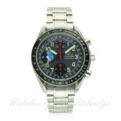 A GENTLEMAN'S STAINLESS STEEL OMEGA SPEEDMASTER AUTOMATIC TRIPLE CALENDAR CHRONOGRAPH BRACELET WATCH