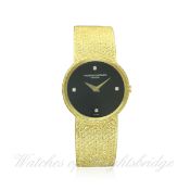 A LADIES 18K SOLID GOLD, ONYX & DIAMOND VACHERON CONSTANTIN BRACELET WATCH DATED 1981, WITH ORIGINAL