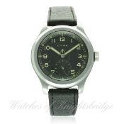 A GENTLEMAN'S STAINLESS STEEL BRITISH MILITARY W.W.W. CYMA WRIST WATCH CIRCA 1940s 
D: Black dial