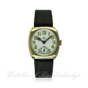 A GENTLEMAN'S 9CT SOLID GOLD OMEGA WRIST WATCH DATED 1934 FROM CASE BACK INSCRIPTION D: Enamel