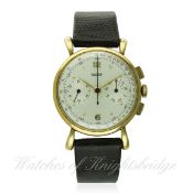 A RARE GENTLEMAN'S 18K SOLID GOLD JAEGER CHRONOGRAPH WRIST WATCH CIRCA 1940s, REF. 12393 D: Silver