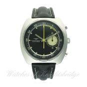 A RARE GENTLEMAN'S STAINLESS STEEL LONGINES CHRONOGRAPH WRIST WATCH CIRCA 1970s, REF. 822-1
D: Black