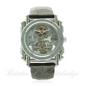 A GENTLEMAN'S STAINLESS STEEL MANUFACTURE ROYALE ANDROGYNE TOURBILLON WRIST WATCH CIRCA 2012 WITH