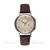 A GENTLEMAN'S STAINLESS STEEL JAEGER LECOULTRE MEMOVOX ALARM WRIST WATCH CIRCA 1950s
D: Silver