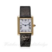 A GENTLEMAN'S 18K SOLID GOLD CARTIER PARIS TANK WRIST WATCH CIRCA 1970s
D: White dial with black
