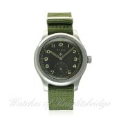 A GENTLEMAN'S STAINLESS STEEL BRITISH MILITARY W.W.W. CYMA WRIST WATCH CIRCA 1940s 
D: Black dial