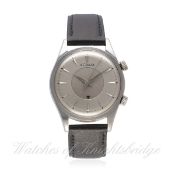 A GENTLEMAN'S STAINLESS STEEL LECOULTRE ALARM WRIST WATCH CIRCA 1960s, REF. E856
D: Silver dial with