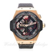 A GENTLEMAN'S SOLID ROSE GOLD & CERAMIC HUBLOT KING POWER UNICO GMT CHRONOGRAPH WRIST WATCH CIRCA