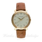 A GENTLEMAN'S LARGE SIZE 18K SOLID PINK GOLD IWC WRIST WATCH CIRCA 1950s
D: Silver dial with gilt